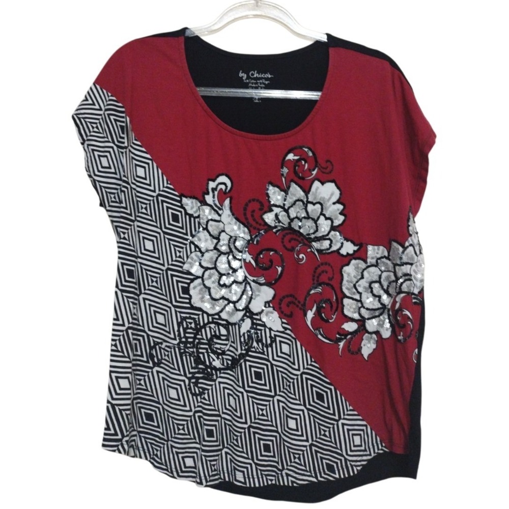 CHICO'S Blouse Women's 2 Red Black Tunic Sequined Multicolor Floral‎ Color block